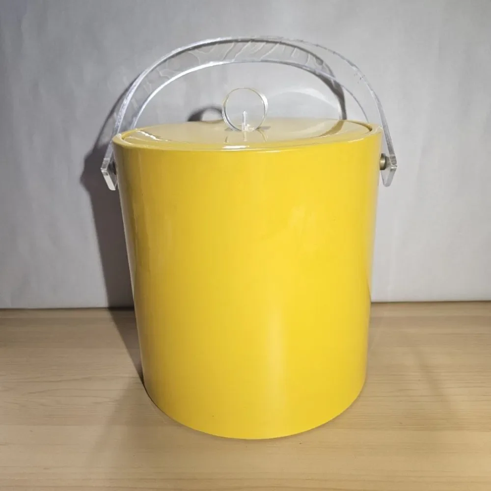 Vintage MCM Yellow Vinyl Insulated Lucite Handle Retro Ice Bucket Barware Cooler